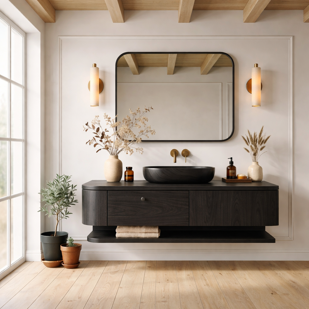 Floating Bathroom Vanity with Open Shelf and Spacious Drawers – Handcrafted Solid Wood Design