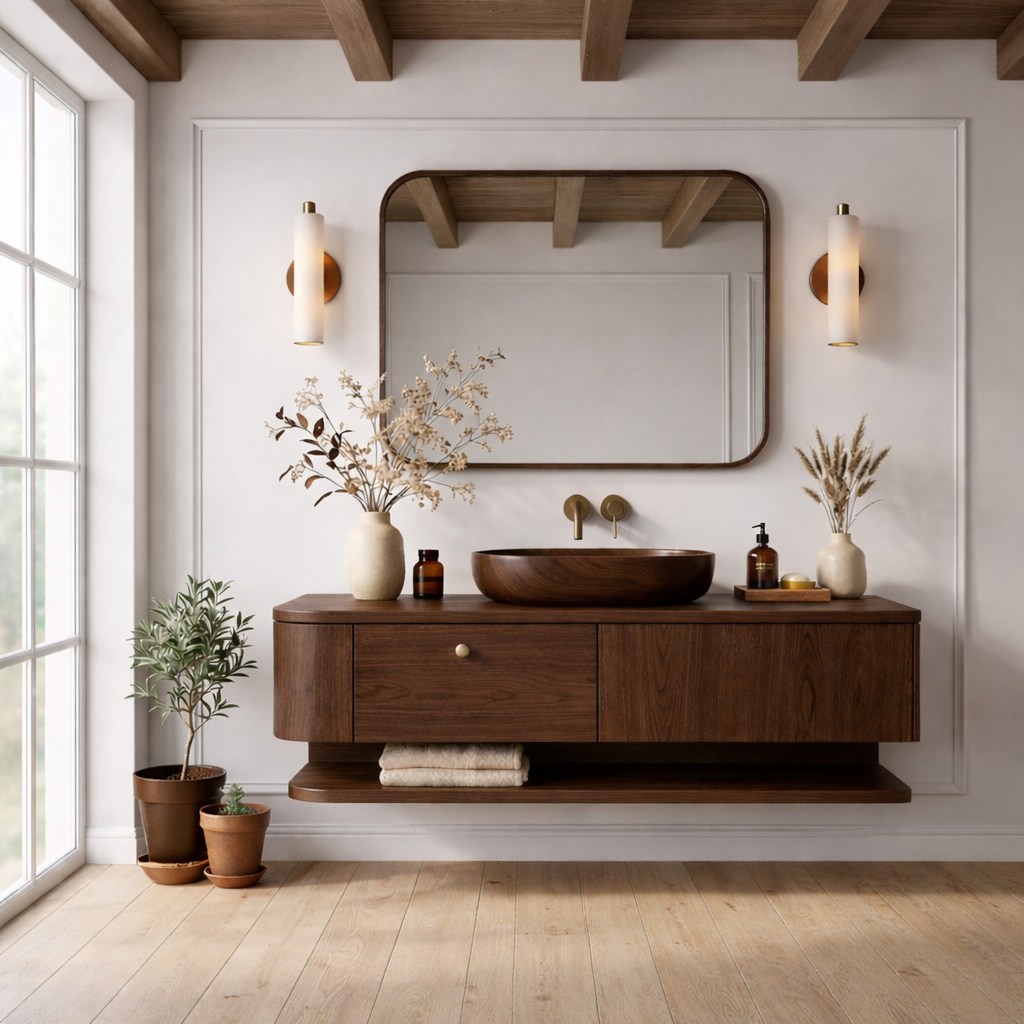 Floating Bathroom Vanity with Open Shelf and Spacious Drawers – Handcrafted Solid Wood Design