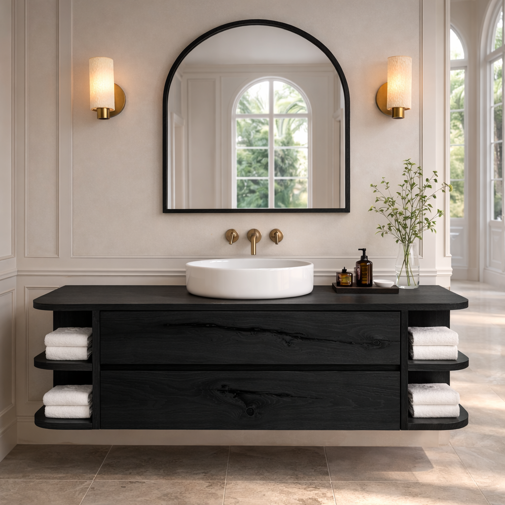 Floating Bathroom Vanity with Curved Open Shelves – Handcrafted Solid Wood Design