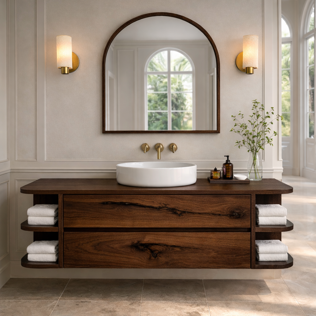 Floating Bathroom Vanity with Curved Open Shelves – Handcrafted Solid Wood Design