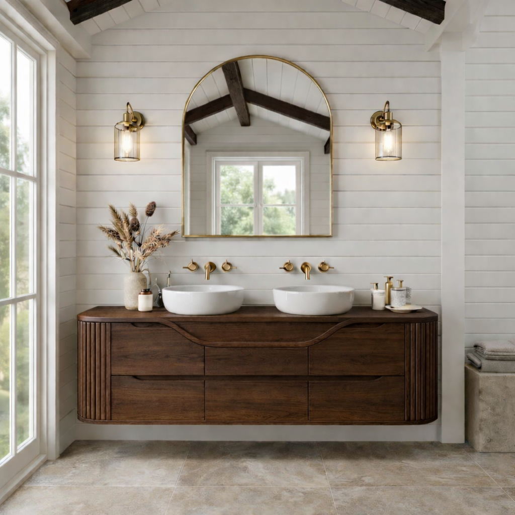 Handcrafted Floating Bathroom Vanity with Curved & Fluted Drawers – Elegant Wooden Design