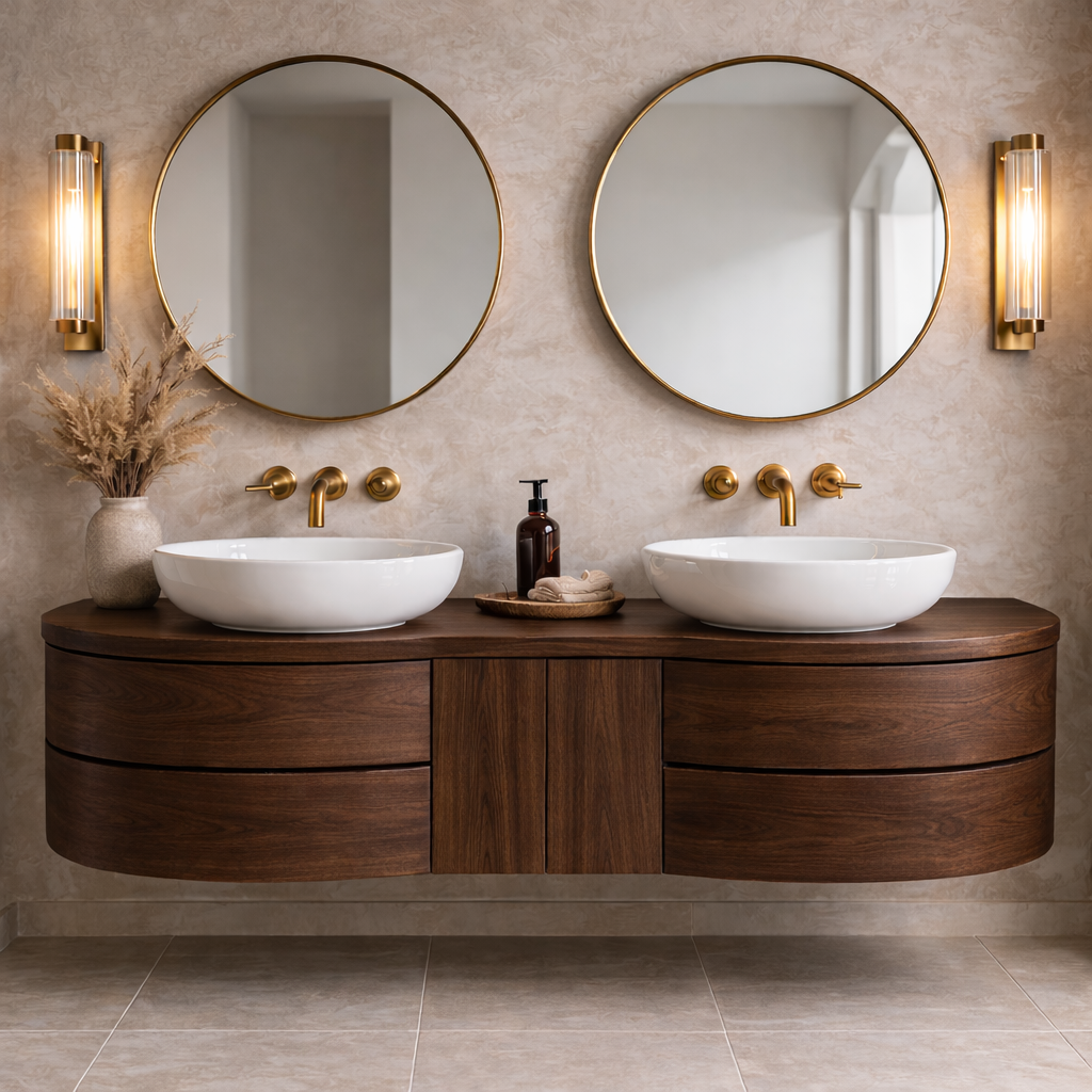 Floating Bathroom Vanity with Curved Ends Double Drawers and Center Cabinet Storage