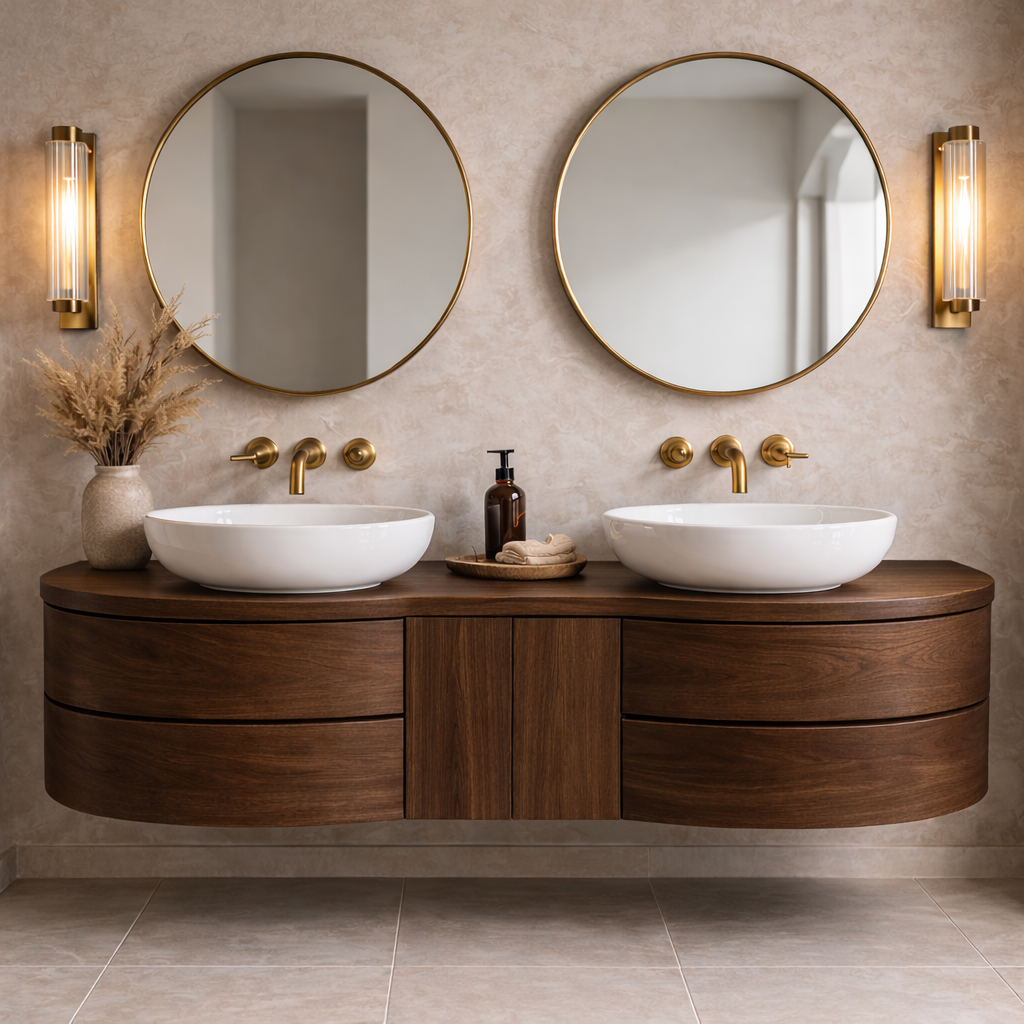 Floating Bathroom Vanity with Curved Ends Double Drawers and Center Cabinet Storage