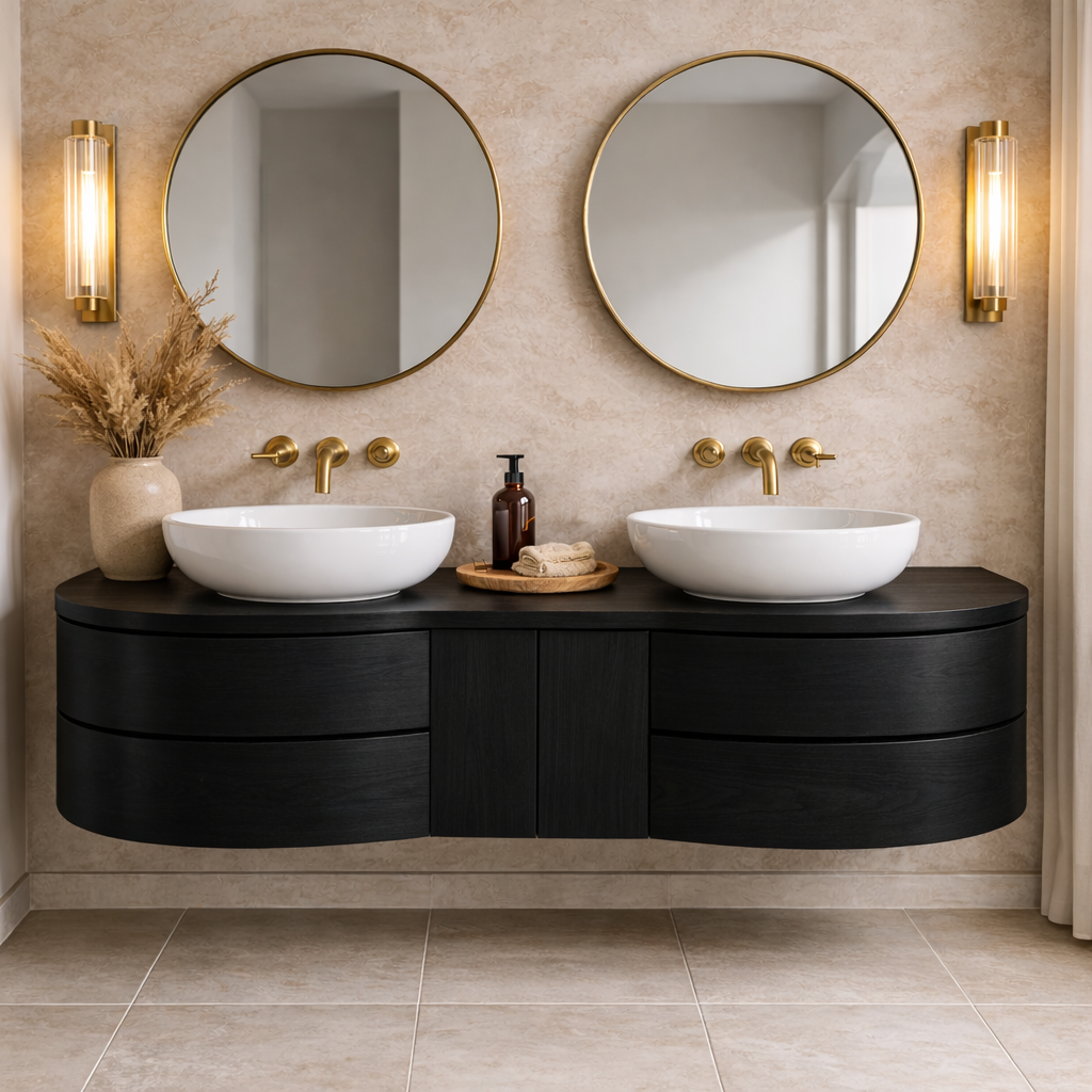 Floating Bathroom Vanity with Curved Ends Double Drawers and Center Cabinet Storage