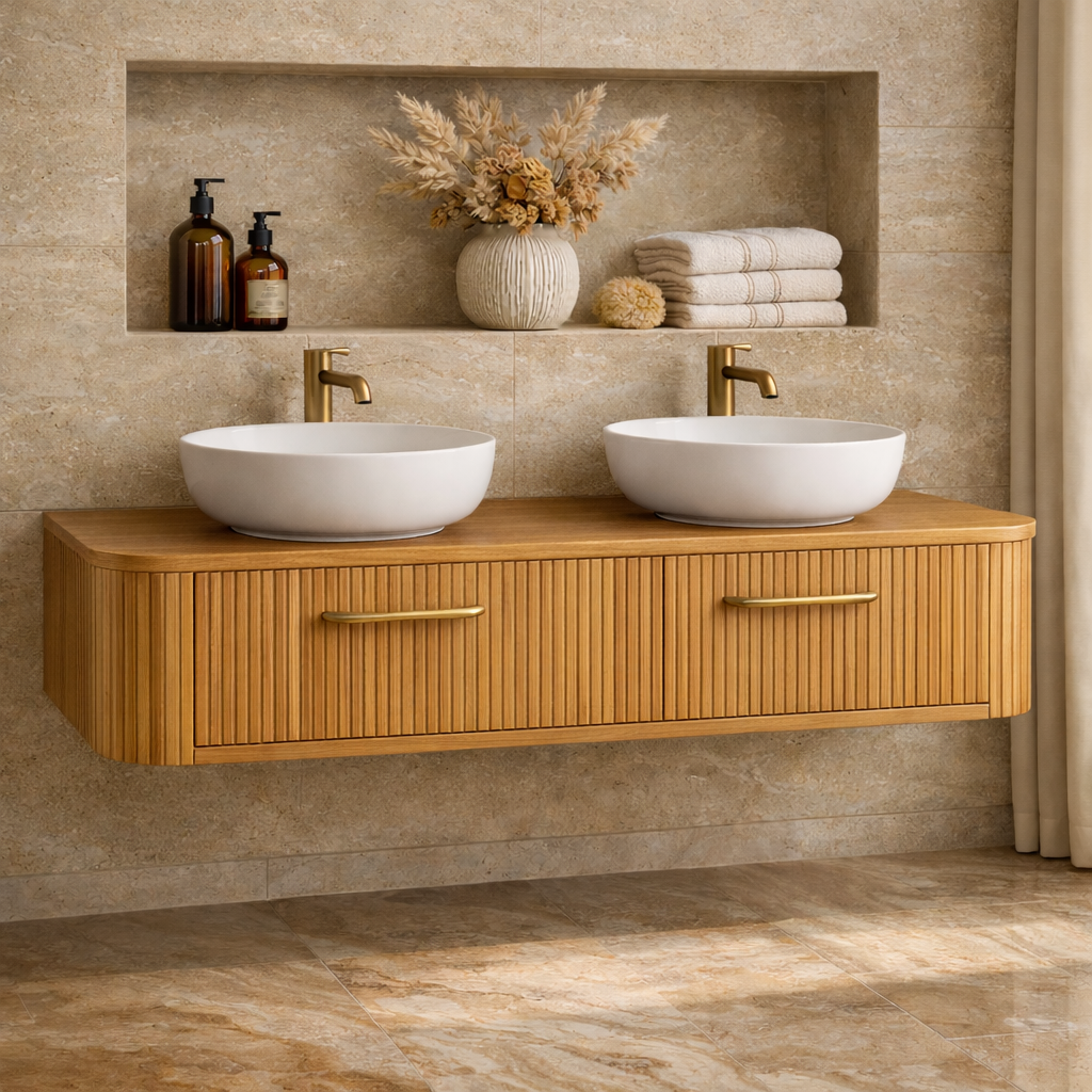 Modern Floating Bathroom Vanity with Storage – Handcrafted Wooden Design with Fluted Drawers