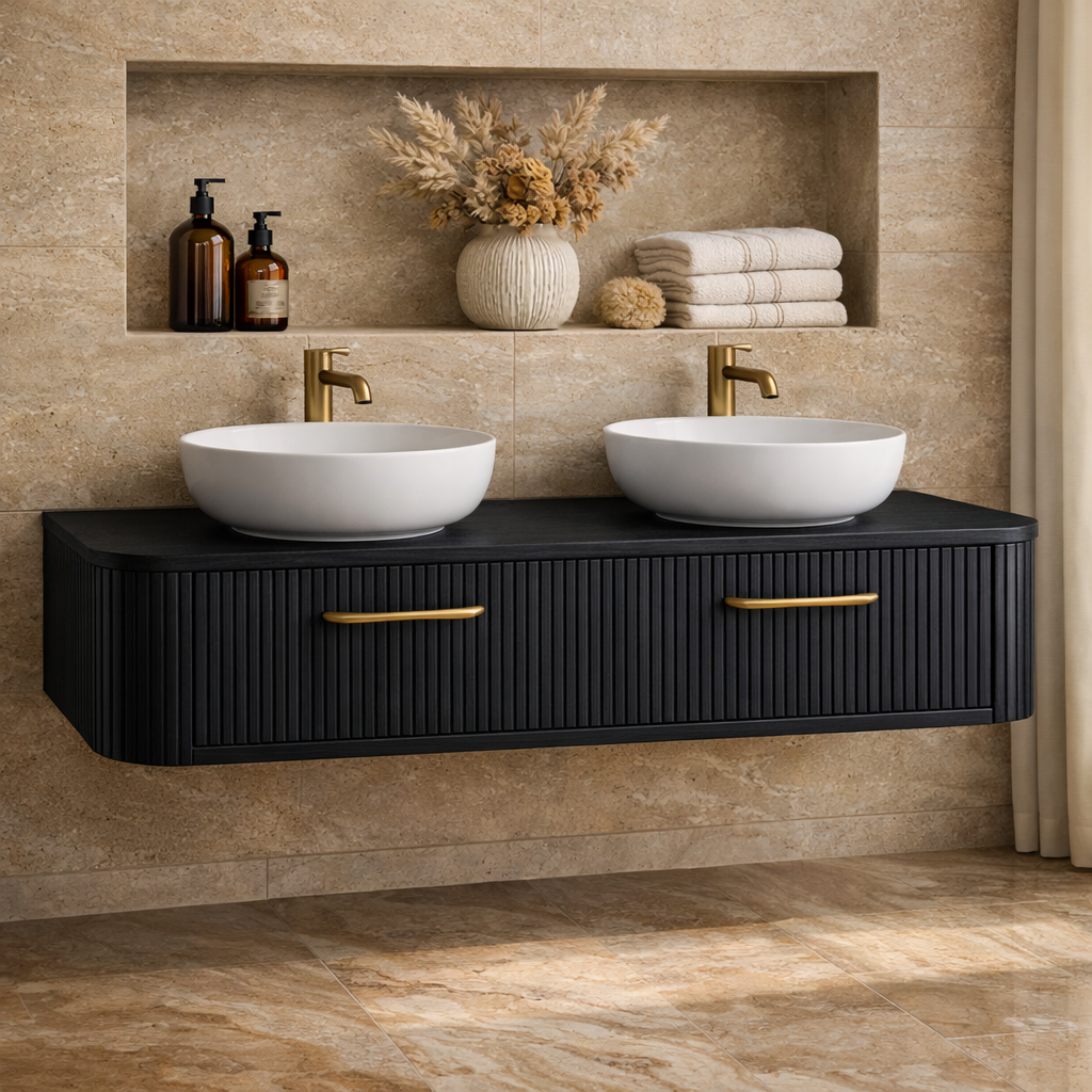 Modern Floating Bathroom Vanity with Storage – Handcrafted Wooden Design with Fluted Drawers