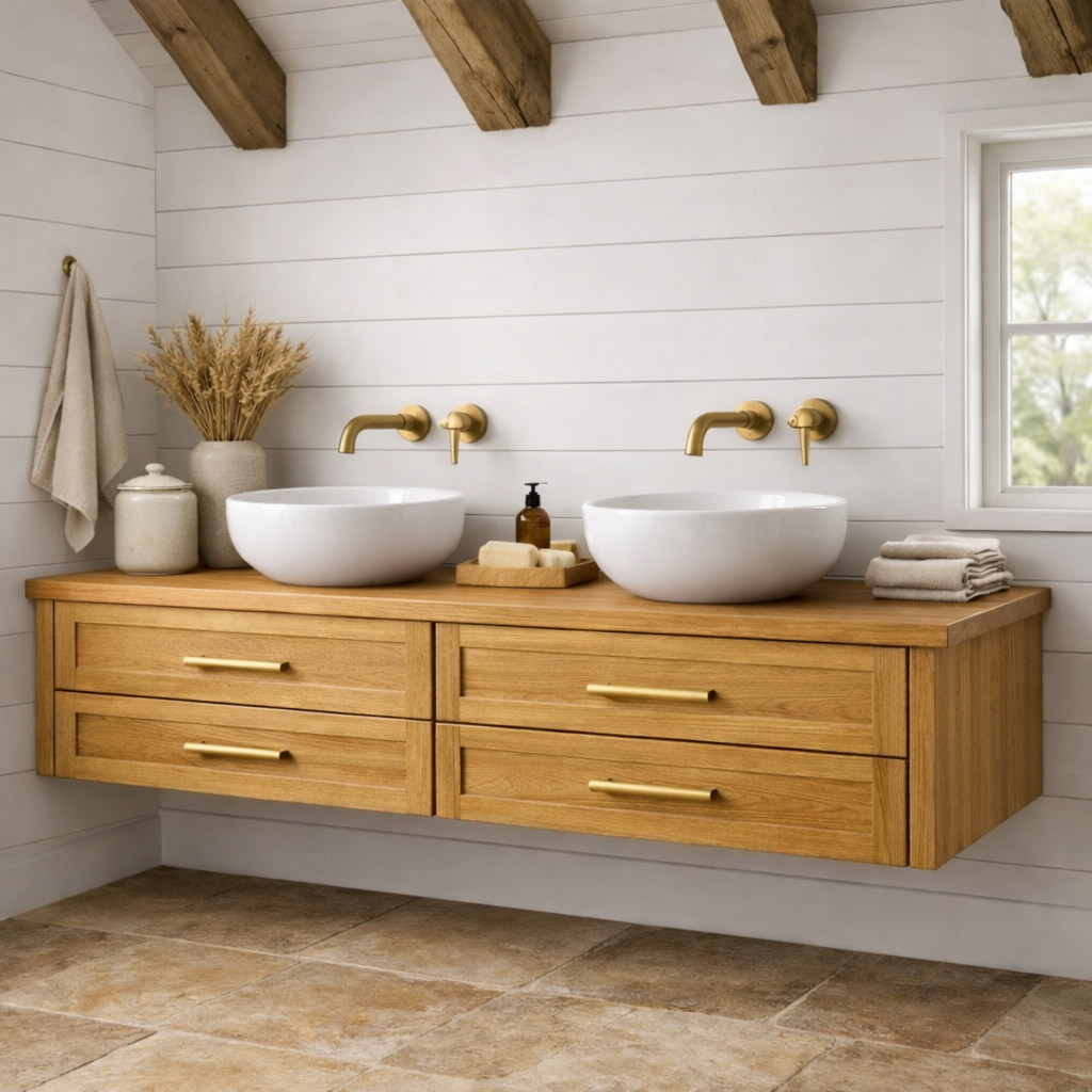 Handcrafted Solid Wood Floating Bathroom Vanity with Storage – Modern Wooden Design