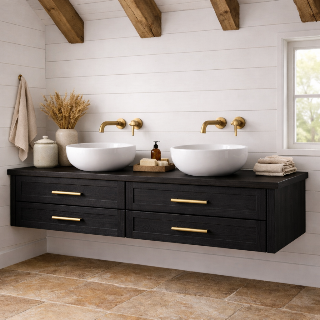 Handcrafted Solid Wood Floating Bathroom Vanity with Storage – Modern Wooden Design