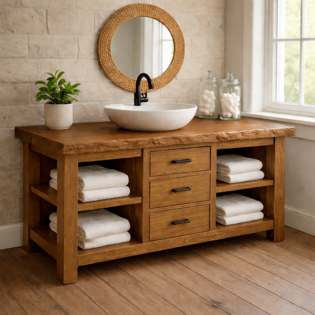 Live Edge Solid Wood Bathroom Vanity with 3 Drawers & Open Shelves