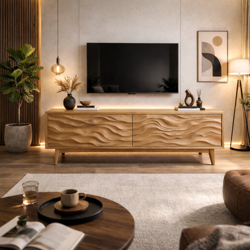 Solid Wood Modern TV Stand with Wave Carved Doors – Low Profile Media Console