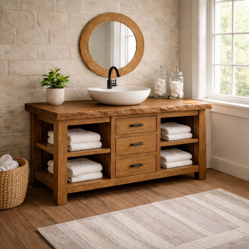 Live Edge Solid Wood Bathroom Vanity with 3 Drawers & Open Shelves
