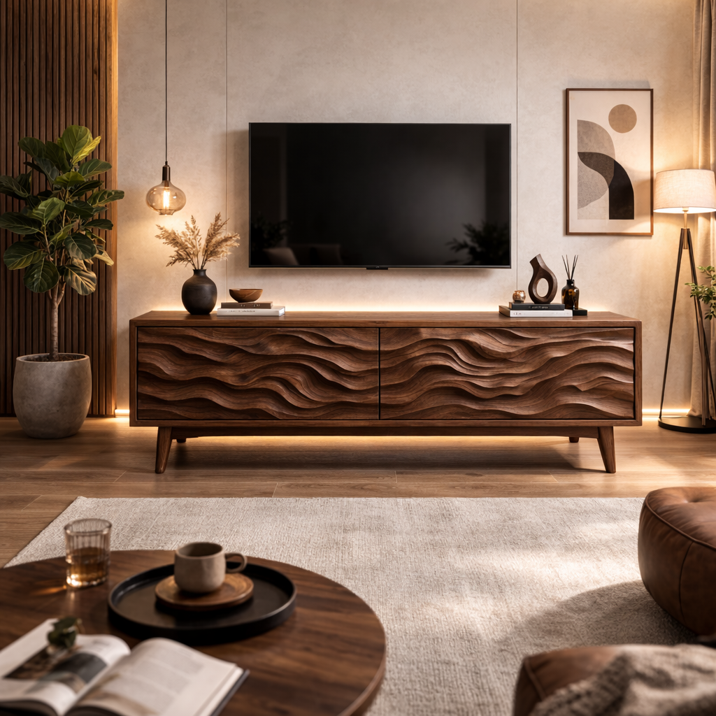 Solid Wood Modern TV Stand with Wave Carved Doors – Low Profile Media Console