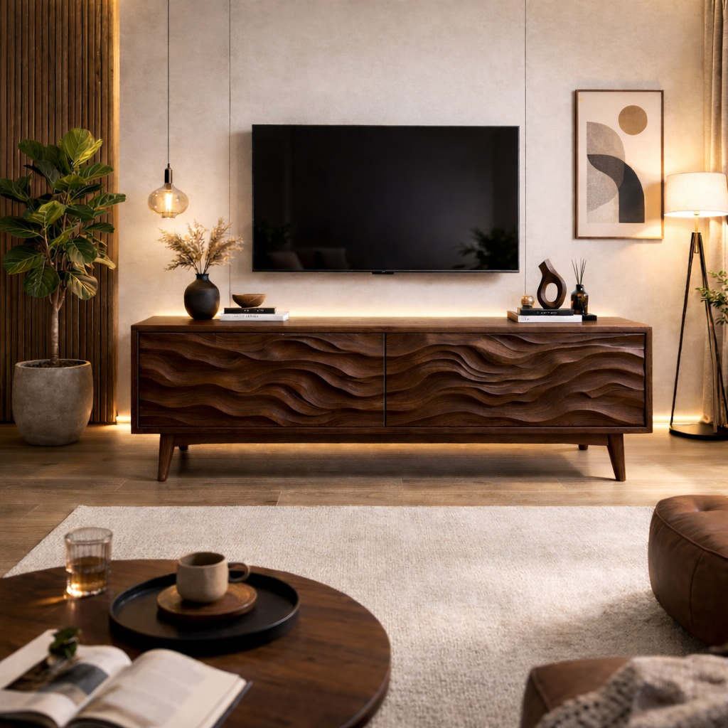 Solid Wood Modern TV Stand with Wave Carved Doors – Low Profile Media Console