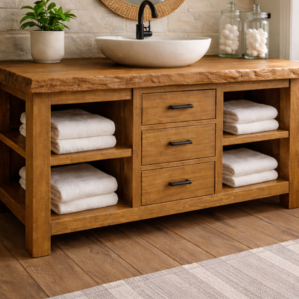 Live Edge Solid Wood Bathroom Vanity with 3 Drawers & Open Shelves