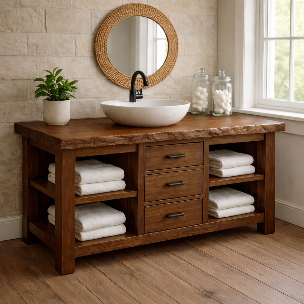 Live Edge Solid Wood Bathroom Vanity with 3 Drawers & Open Shelves