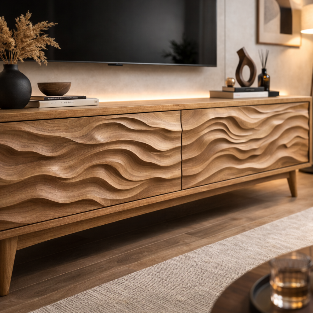 Solid Wood Modern TV Stand with Wave Carved Doors – Low Profile Media Console