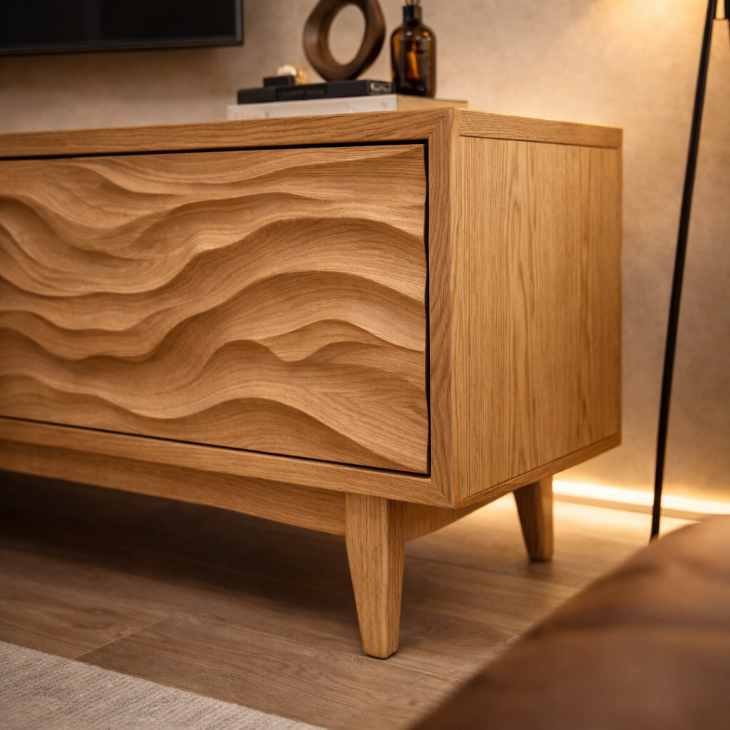 Solid Wood Modern TV Stand with Wave Carved Doors – Low Profile Media Console