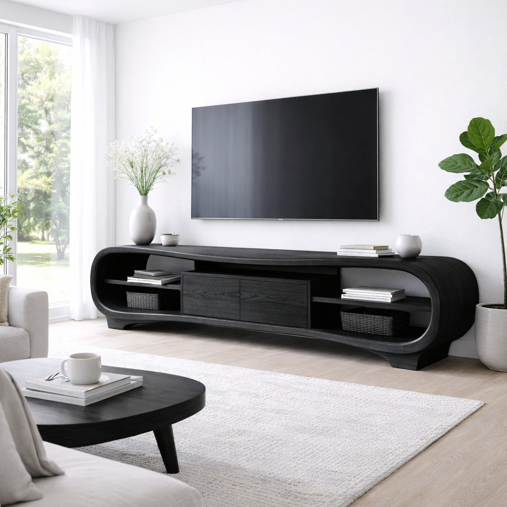 Solid Wood TV Stand with Curved Frame, Open Shelves and Center Drawer Cabinet