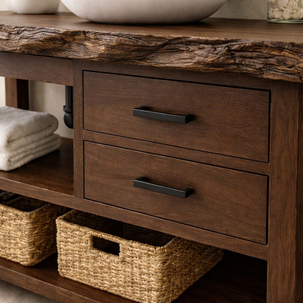 Live Edge Solid Wood Bathroom Vanity with 2 Drawers & Open Shelf