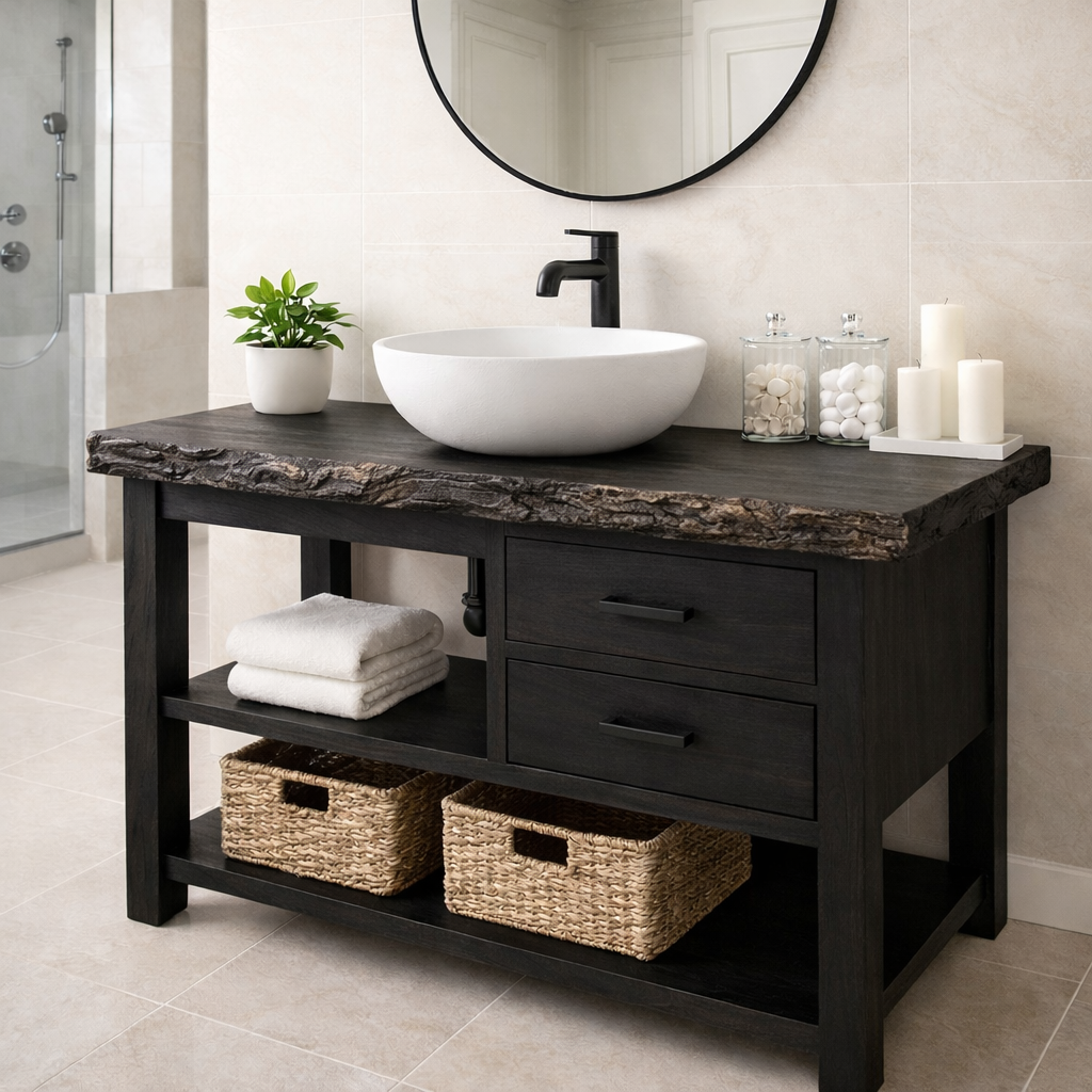 Live Edge Solid Wood Bathroom Vanity with 2 Drawers & Open Shelf