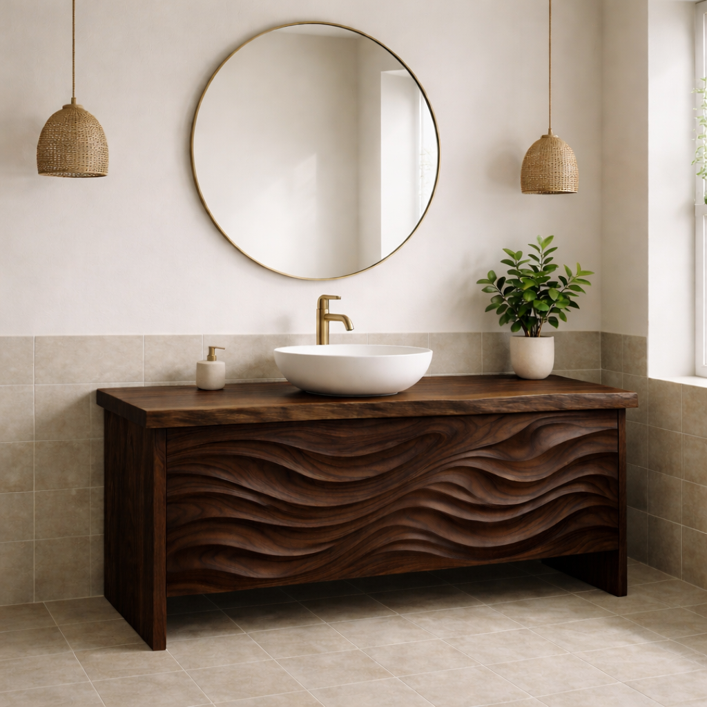 Solid Wood Bathroom Vanity with Sculpted Front & Modern Design