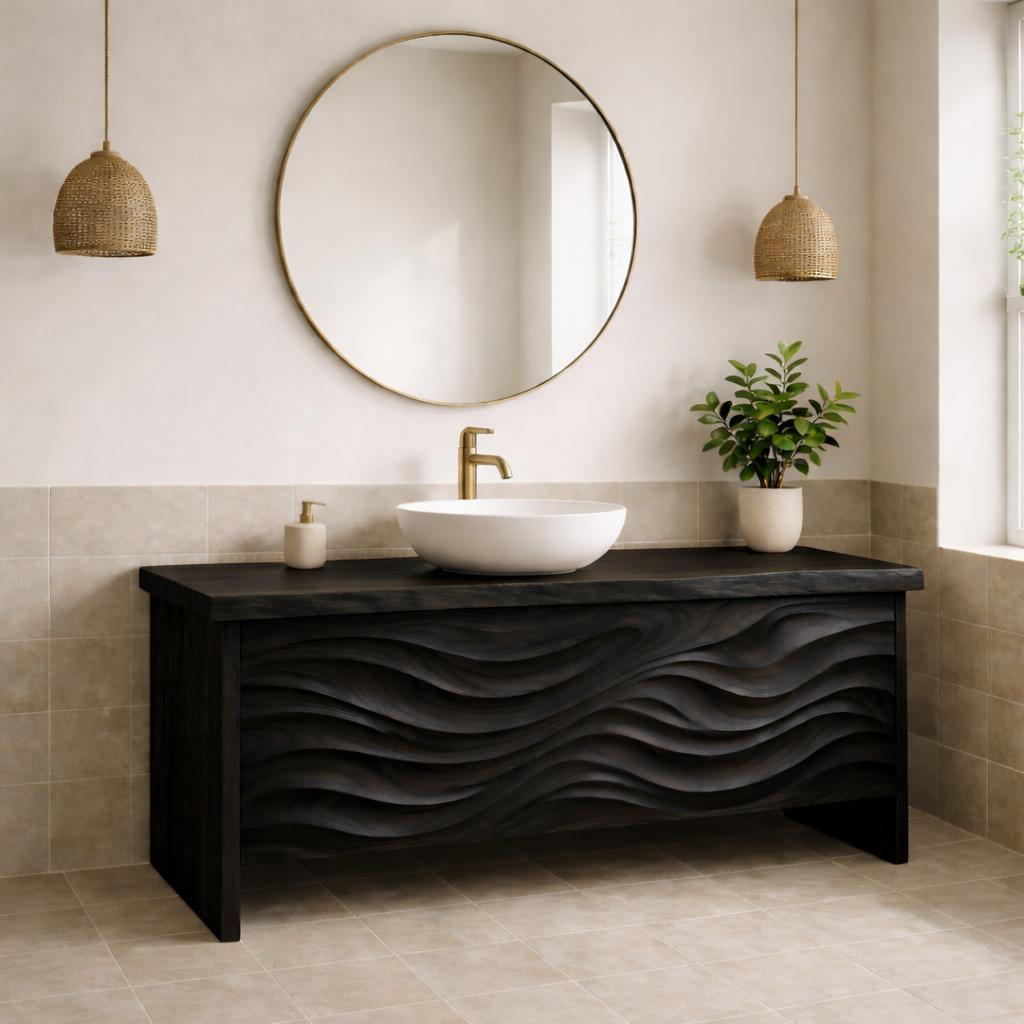 Solid Wood Bathroom Vanity with Sculpted Front & Modern Design