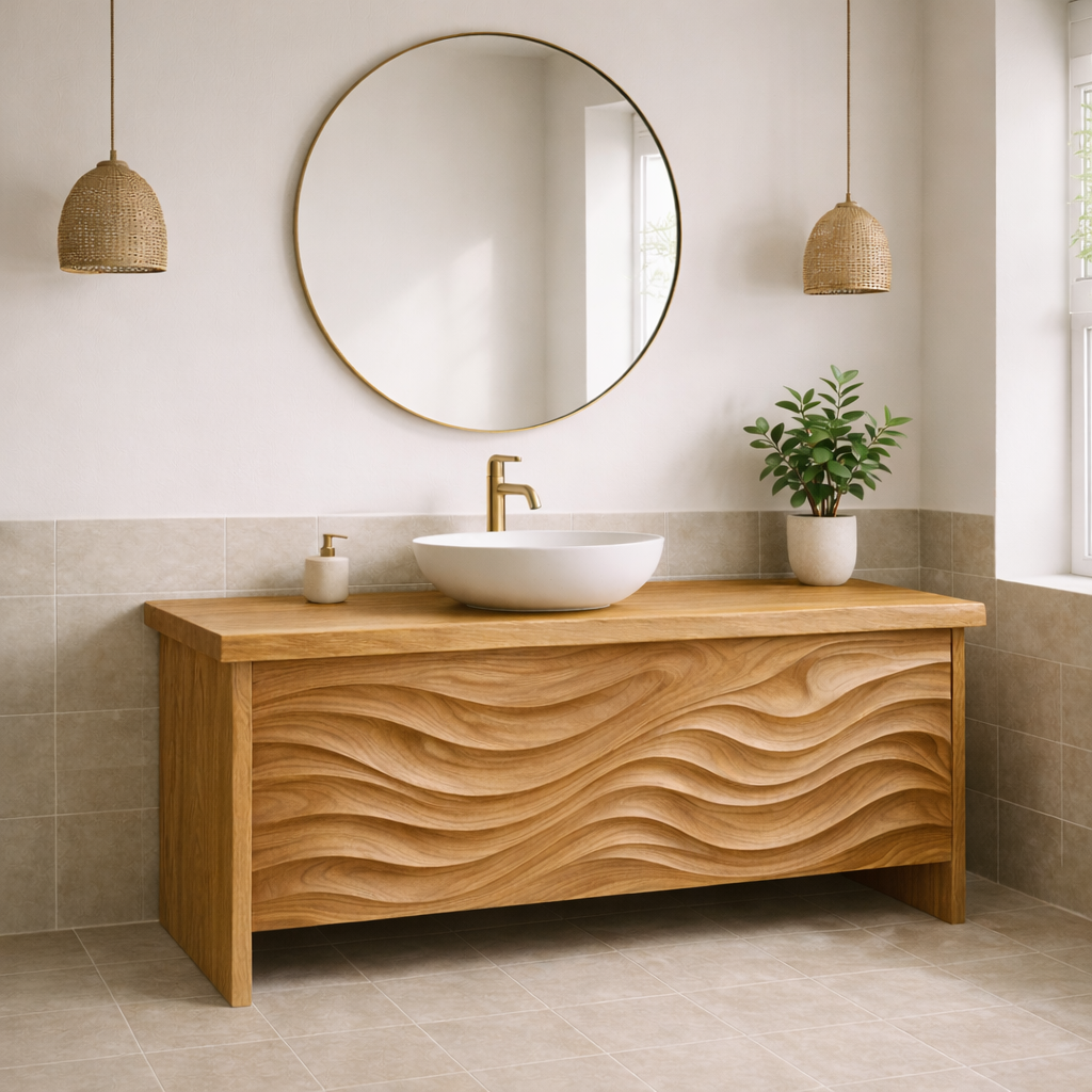 Solid Wood Bathroom Vanity with Sculpted Front & Modern Design