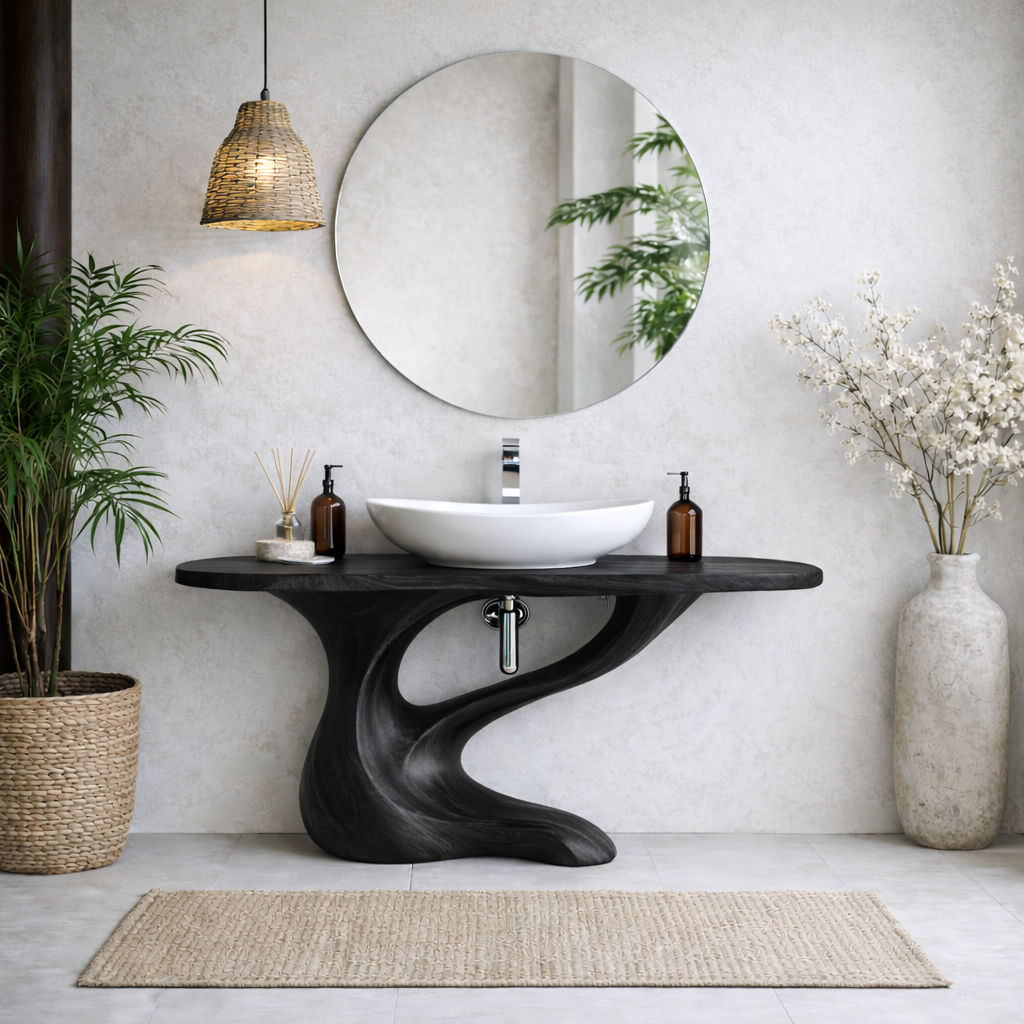 Modern Sculptural Solid Wood Bathroom Vanity with Artistic Base