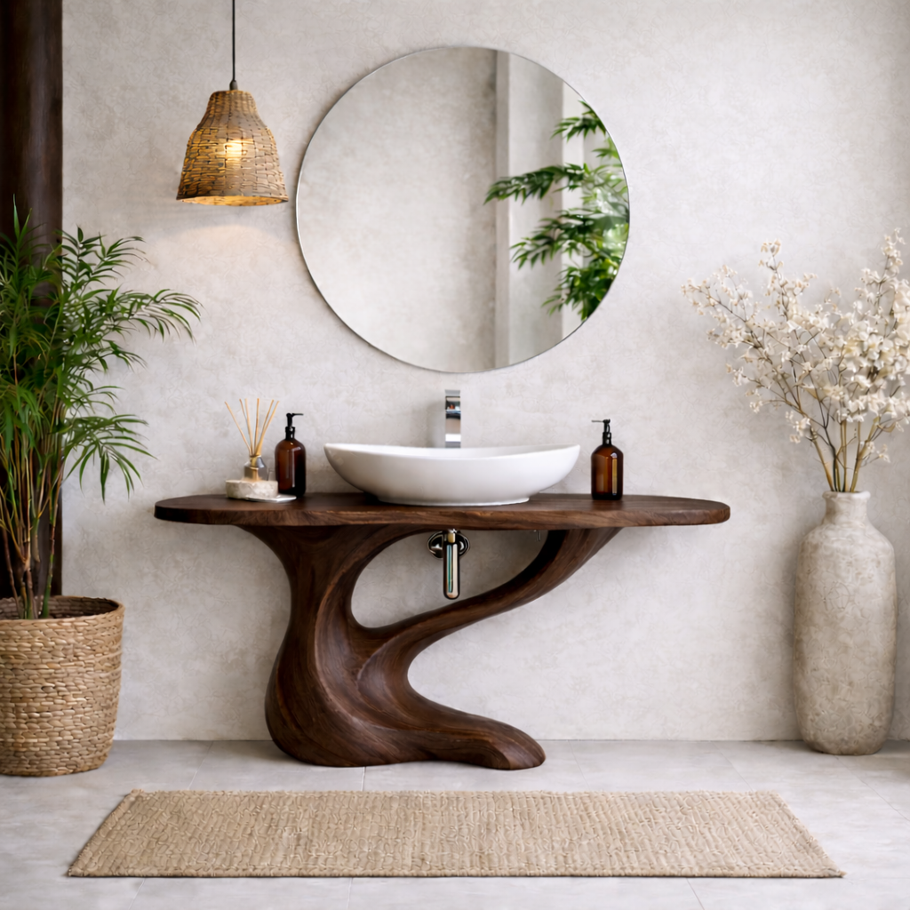 Modern Sculptural Solid Wood Bathroom Vanity with Artistic Base