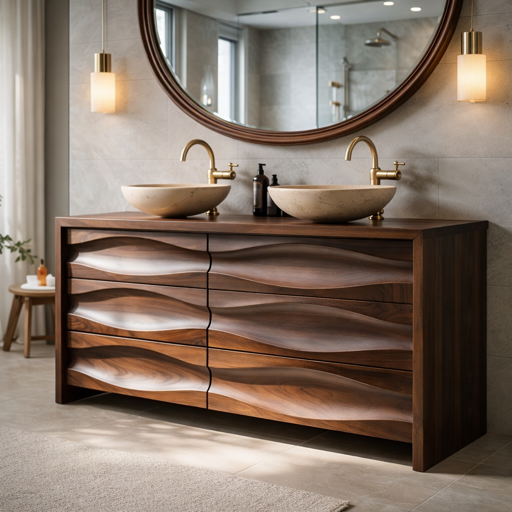 Solid Wood Double Sink Bathroom Vanity with Sculpted Wave Drawers