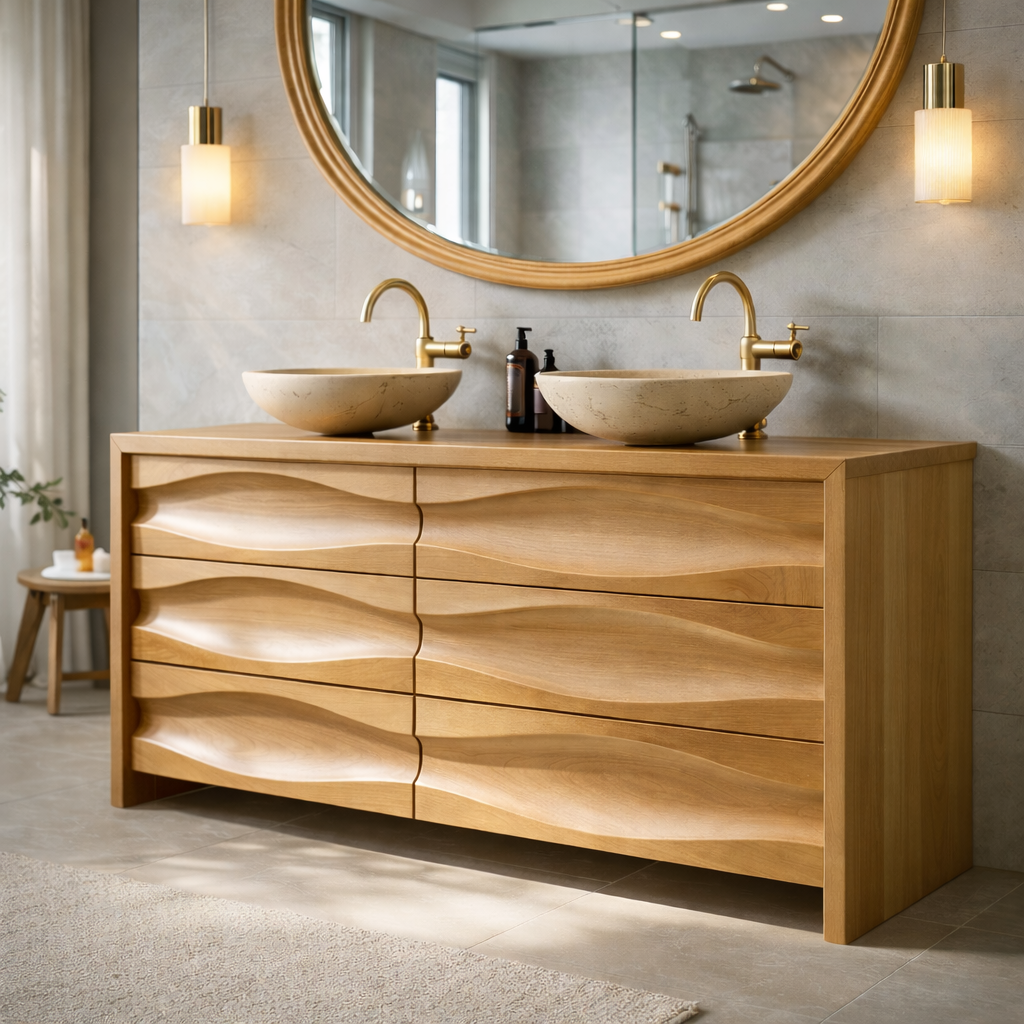 Solid Wood Double Sink Bathroom Vanity with Sculpted Wave Drawers