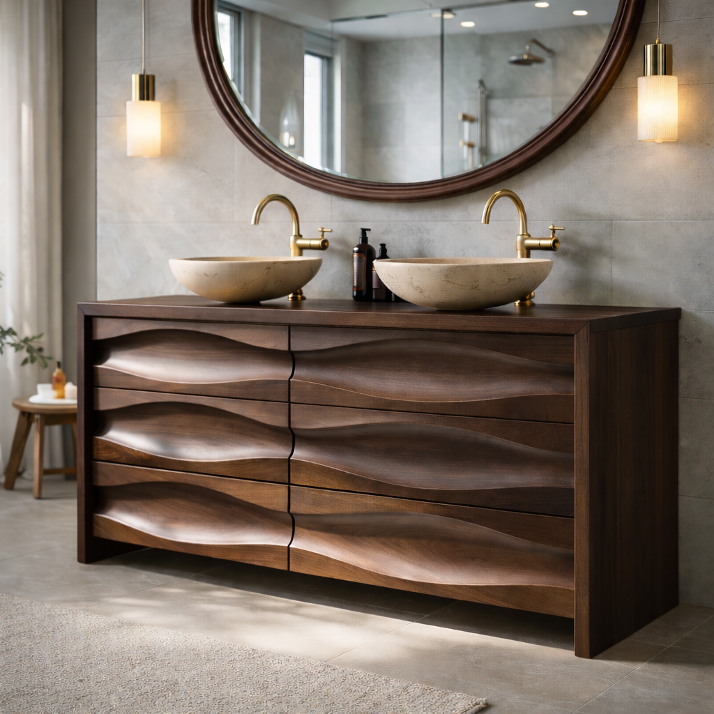 Solid Wood Double Sink Bathroom Vanity with Sculpted Wave Drawers