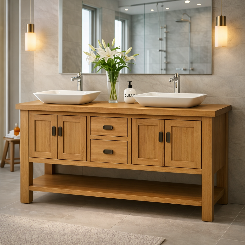 Solid Wood Double Sink Bathroom Vanity with Shaker Doors & Open Shelf