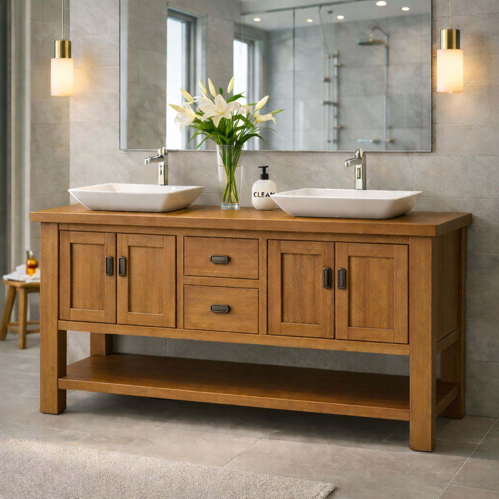 Solid Wood Double Sink Bathroom Vanity with Shaker Doors & Open Shelf
