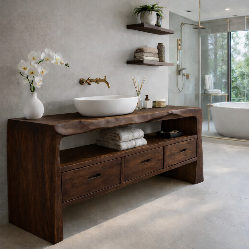 Solid Wood Bathroom Vanity with Open Shelf & Drawers – Rustic Modern Design