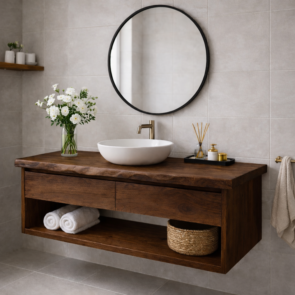 Floating Solid Wood Bathroom Vanity With Drawers – Wall Mounted