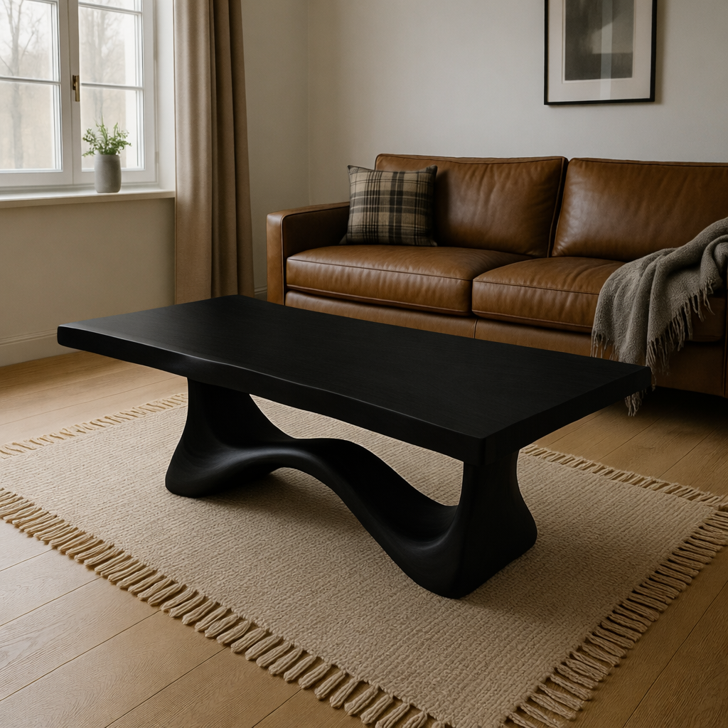 Solid Wood Coffee Table Modern Walnut with Sculptural Curved Base