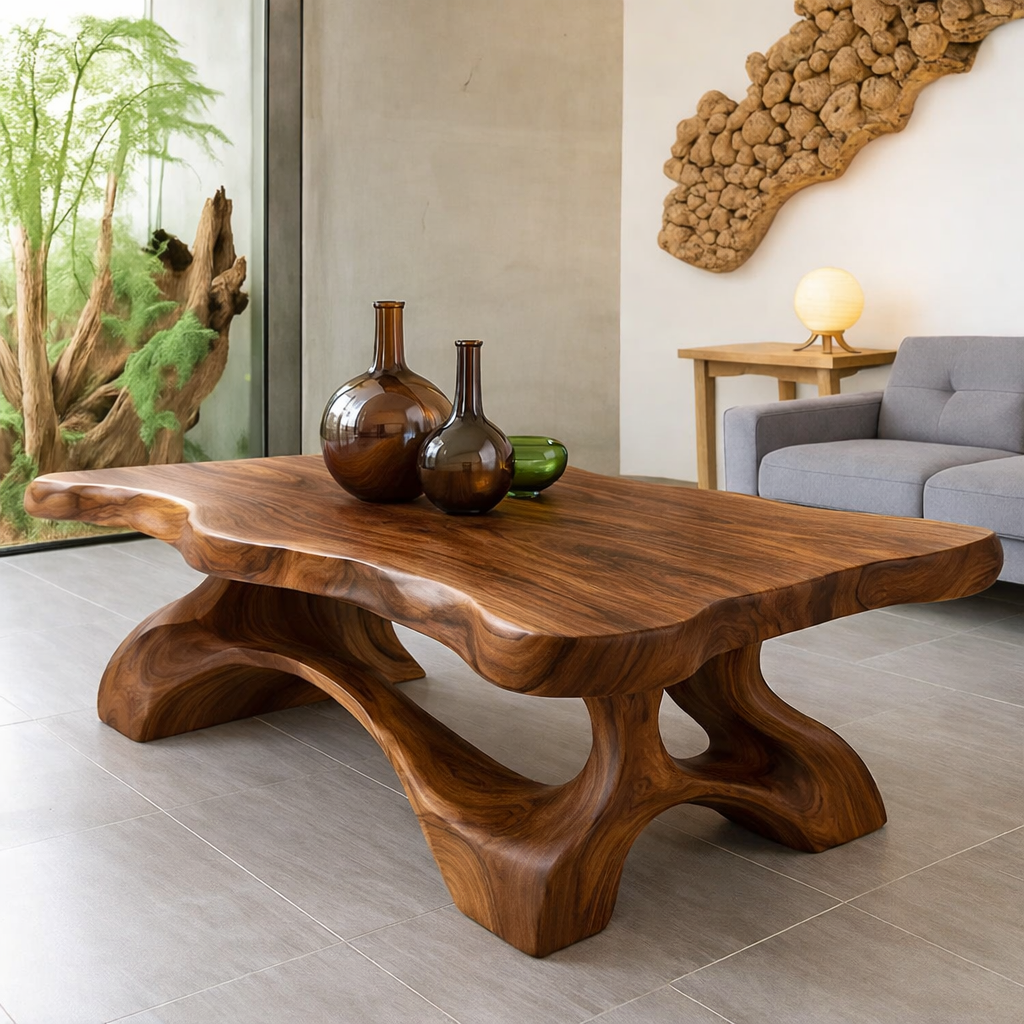 Solid Wood Coffee Table Live Edge Modern Sculptural Base Natural Wood