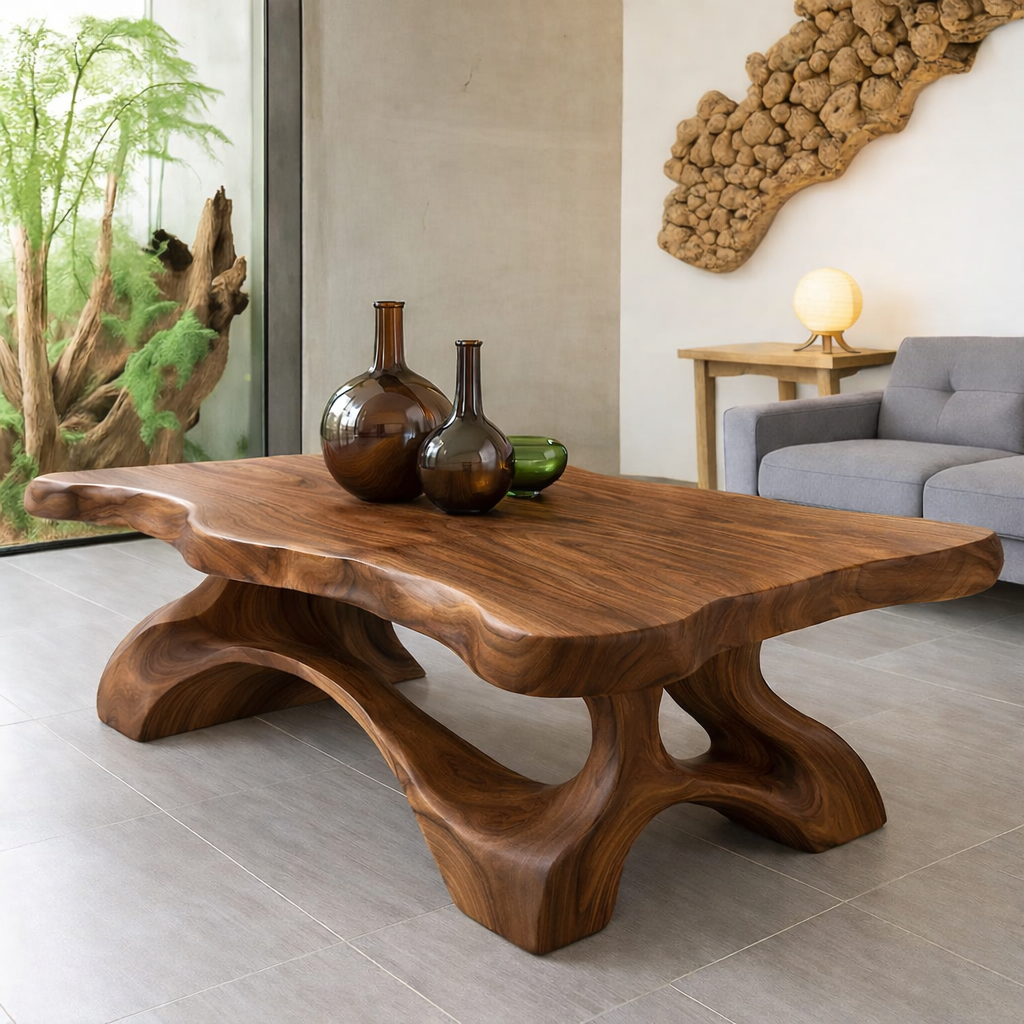 Solid Wood Coffee Table Live Edge Modern Sculptural Base Natural Wood