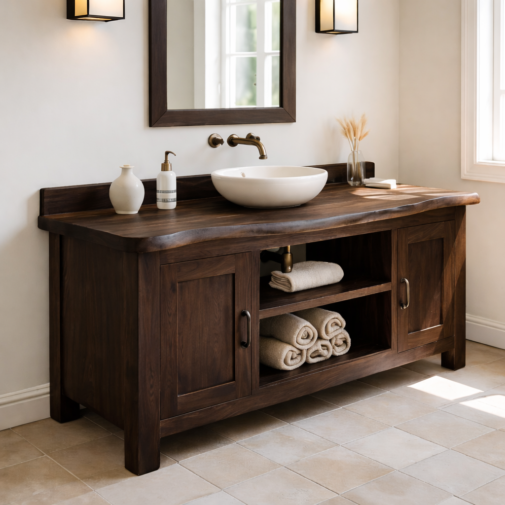 Solid Wood Bathroom Vanity with Cabinet Doors & Open Shelf Storage