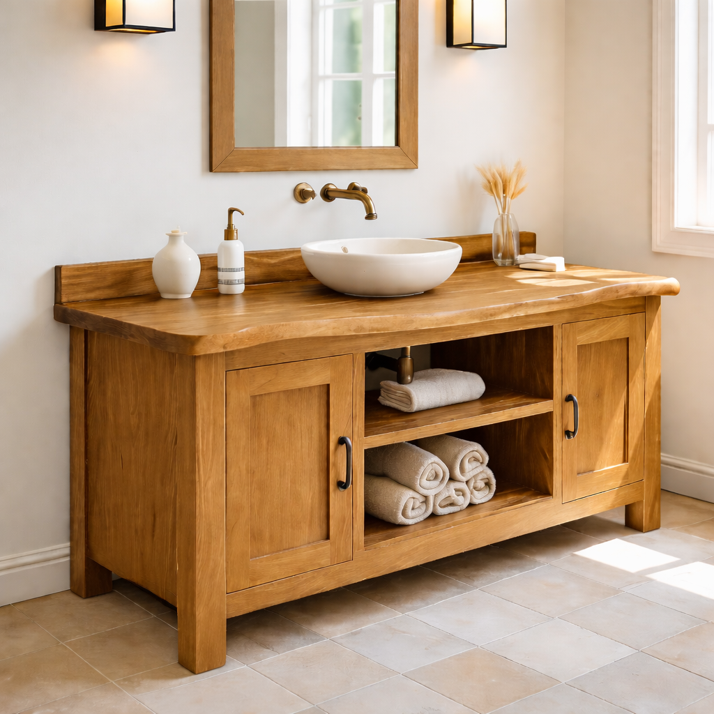 Solid Wood Bathroom Vanity with Cabinet Doors & Open Shelf Storage