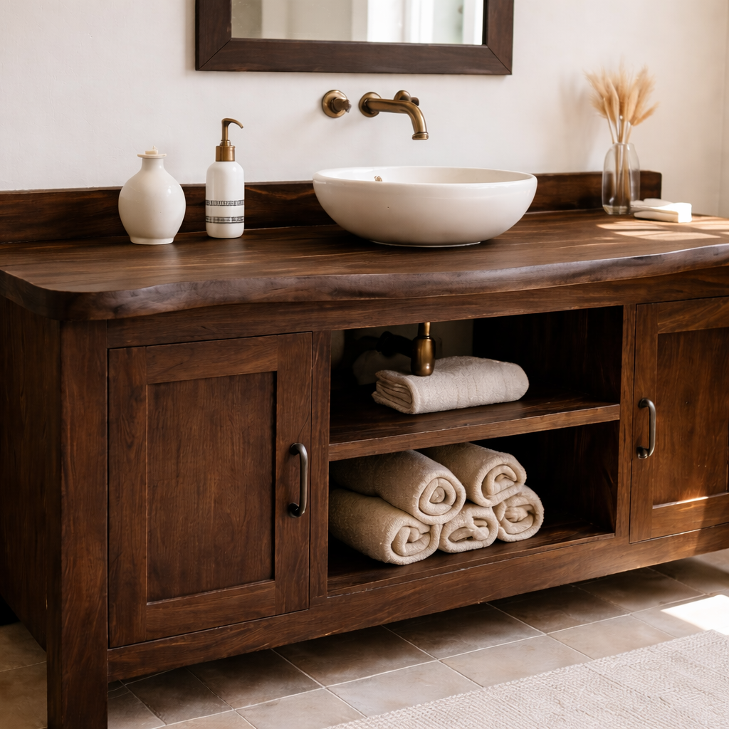 Solid Wood Bathroom Vanity with Cabinet Doors & Open Shelf Storage