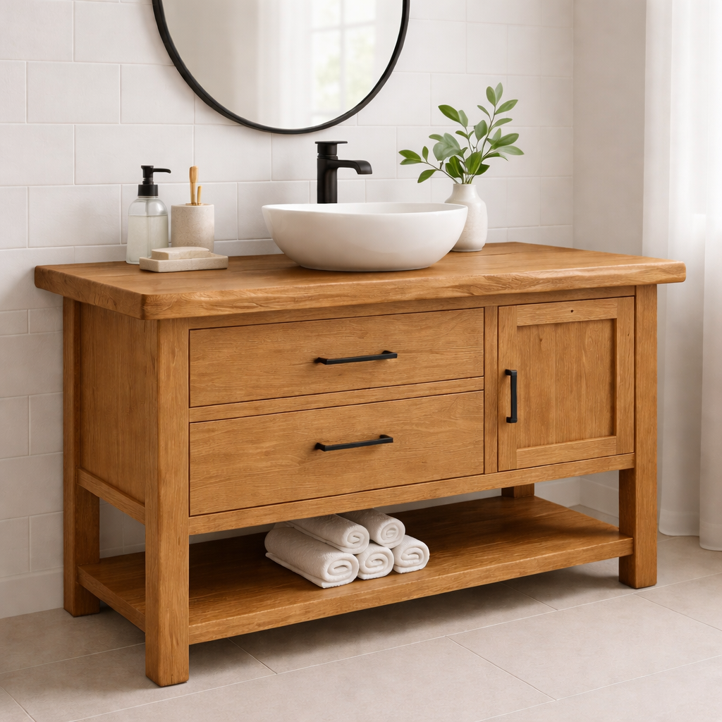 Solid Wood Bathroom Vanity with 2 Drawers, Cabinet Door & Open Shelf