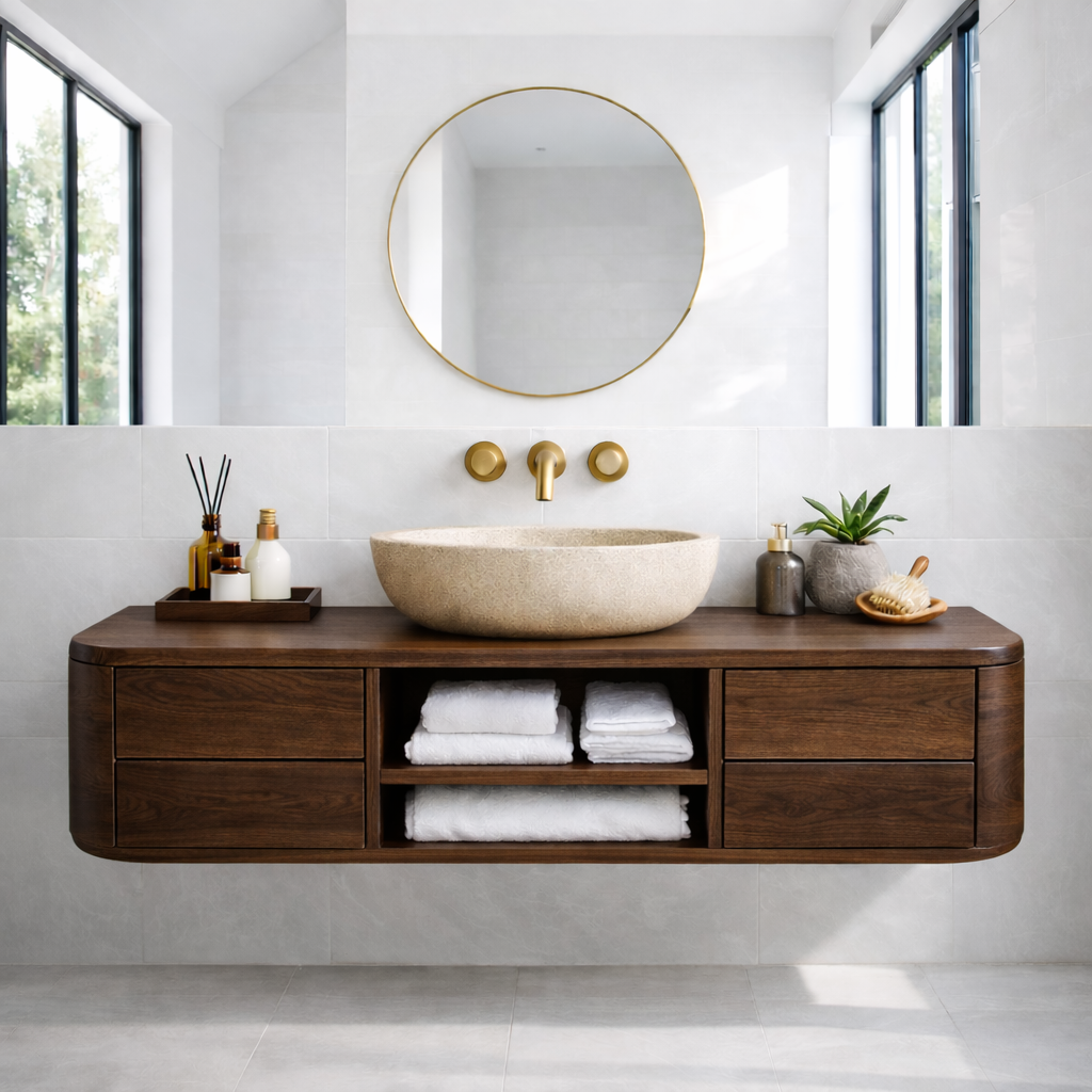 Floating Solid Wood Bathroom Vanity with Drawers & Open Shelf – Modern Wall Mounted