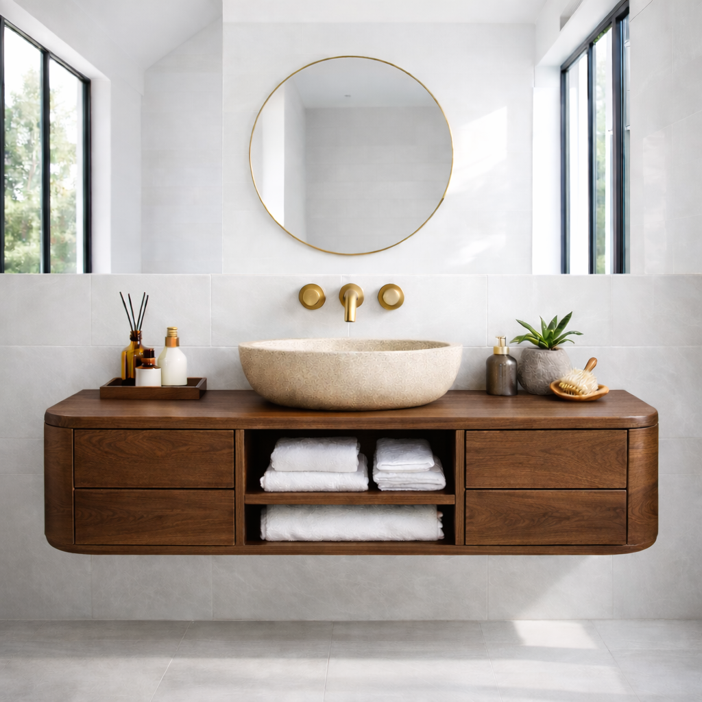 Floating Solid Wood Bathroom Vanity with Drawers & Open Shelf – Modern Wall Mounted