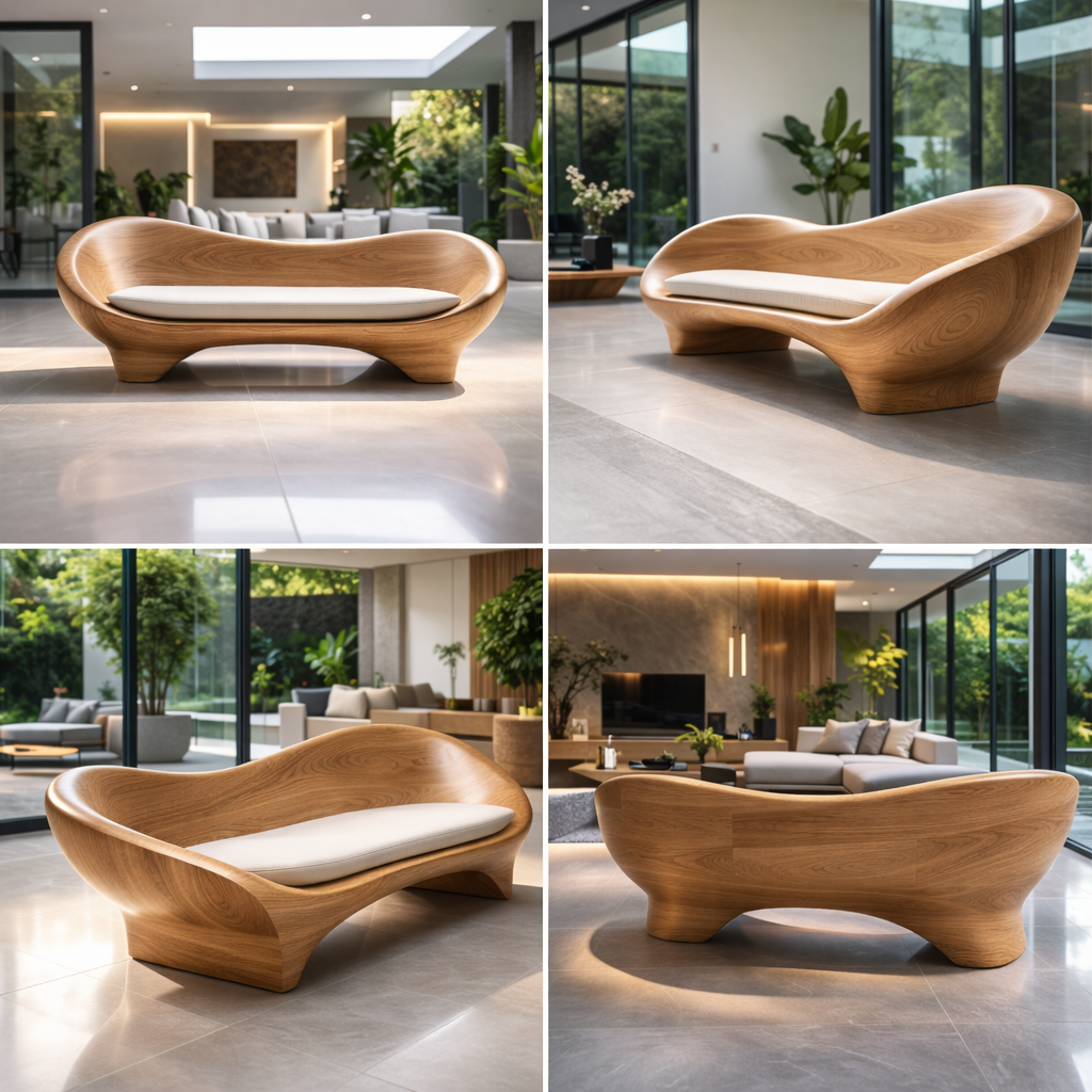 Contemporary Sculptural Solid Wood Sofa with Organic Curved Silhouette