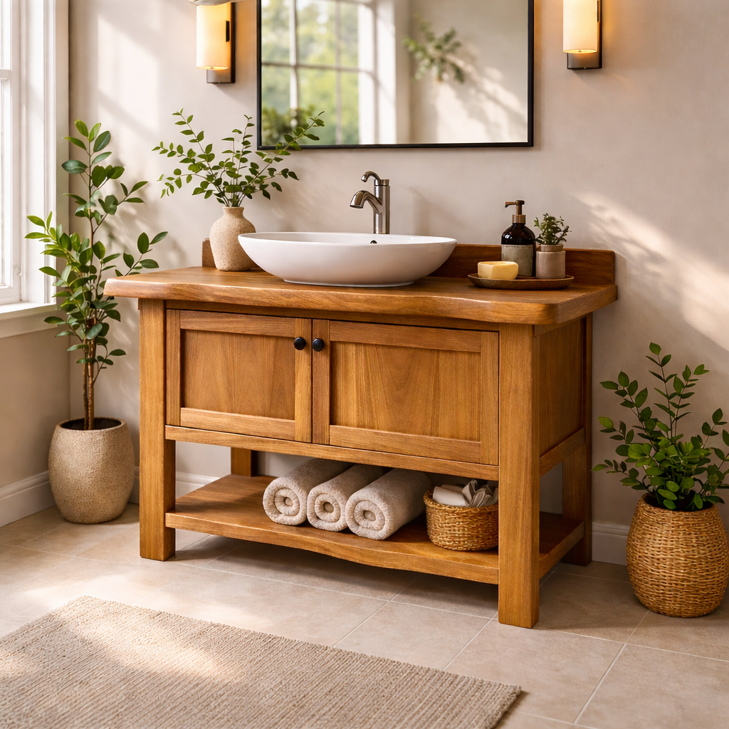 Solid Wood Bathroom Vanity with Double Doors & Open Shelf Storage