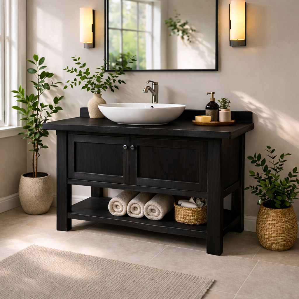 Solid Wood Bathroom Vanity with Double Doors & Open Shelf Storage
