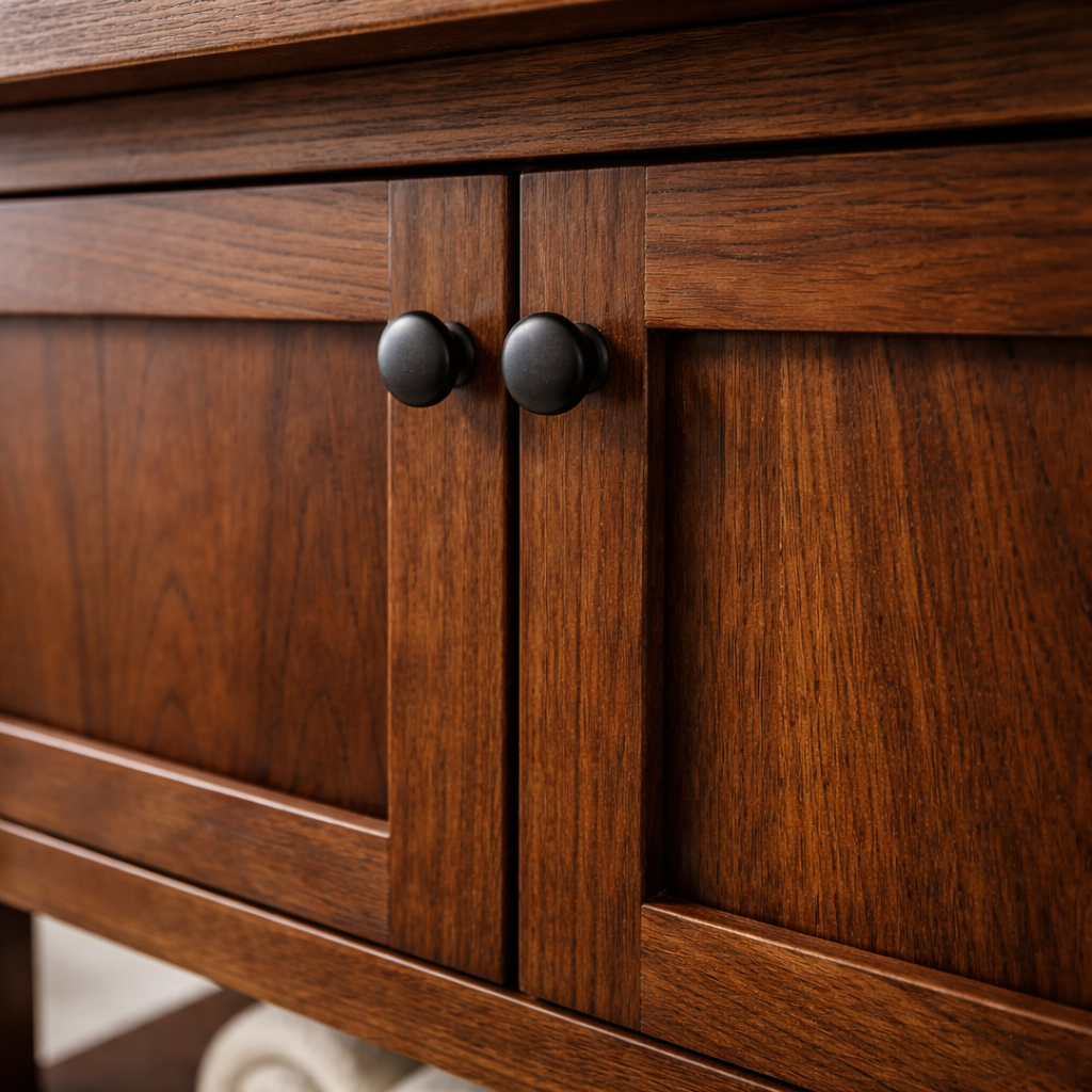 Solid Wood Bathroom Vanity with Double Doors & Open Shelf Storage