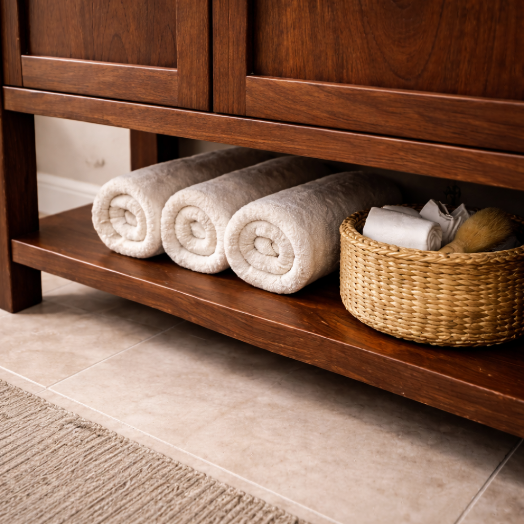 Solid Wood Bathroom Vanity with Double Doors & Open Shelf Storage